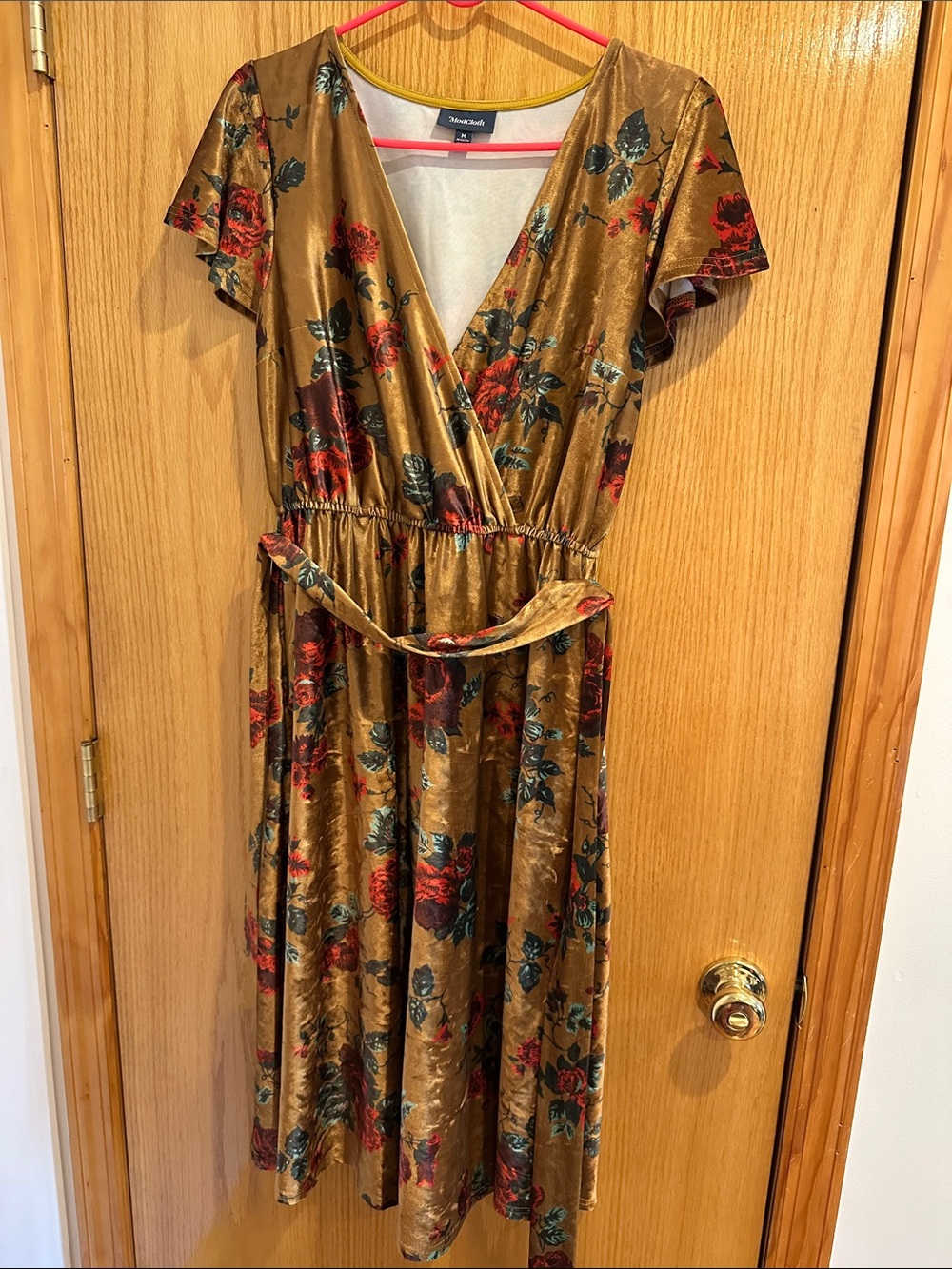 ModCloth Gold Velvet Floral Wrap Midi Dress with Red Roses